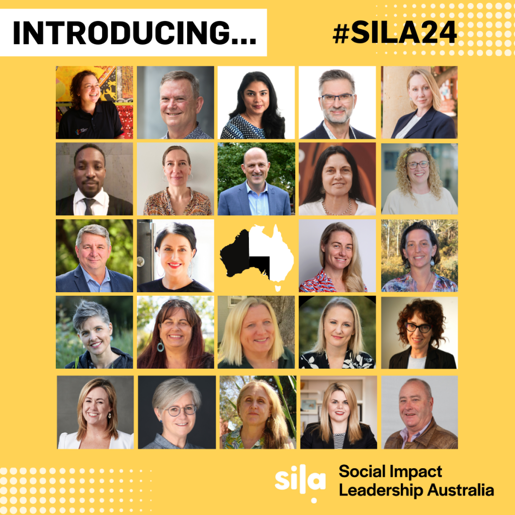 Headshots of the 24 for purpose CEOs chosen for the SILA program. A ap of Australia is in the centre of the image. 